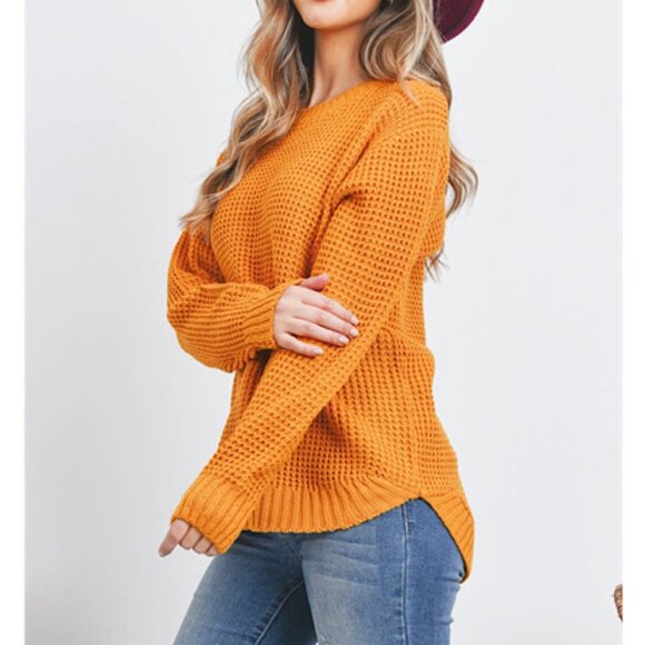 NWOT Zenana Hi- Low Long Sleeve Round Neck Waffle Sweater in Golden Mustard - Picture 4 of 8